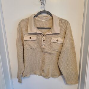 ANDTHEWHY Size Small Crop Top Waffle Knit Acid Washed Collar Pocket
